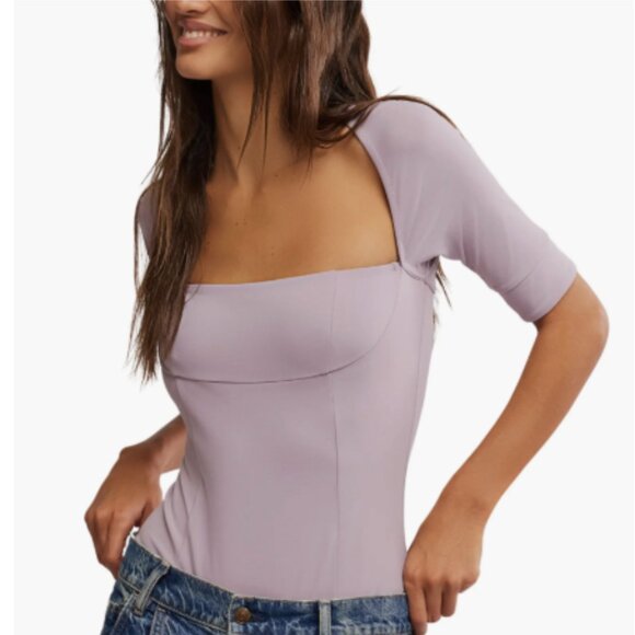 *NWT* Free People Everly Square Neck Sea Fog  Bodysuit Size M - Picture 1 of 4